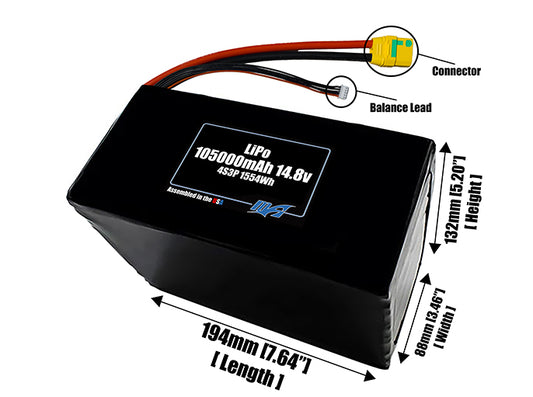 Size reference photo of the 105000mAh 14.8V LiPo pack showing 194 mm by 88 mm by 132 mm dimensions ideal for drones or large robotic systems where space matters.