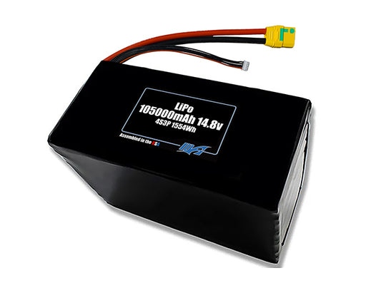 Compact 14.8-volt 105000mAh lithium-polymer battery, built for lightweight drone, UAV, and robotics projects.