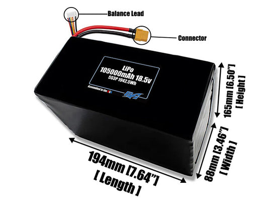 Size reference photo of the 105000mAh 18.5V LiPo pack showing 194 mm by 88 mm by 165 mm dimensions ideal for drones or large robotic systems where space matters.