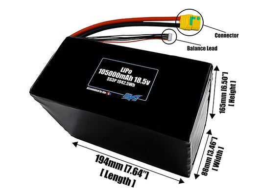 Size reference photo of the 105000mAh 18.5V LiPo pack showing 194 mm by 88 mm by 165 mm dimensions ideal for drones or large robotic systems where space matters.
