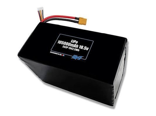 Compact 18.5-volt 105000mAh lithium-polymer battery, built for lightweight drone, UAV, and robotics projects.