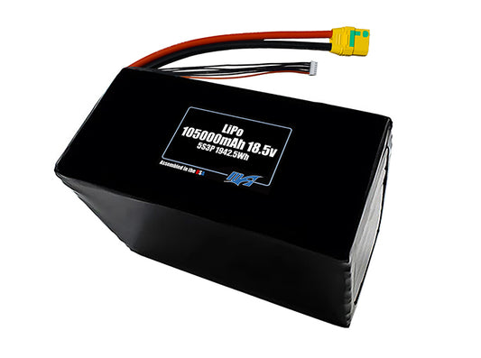 Compact 18.5-volt 105000mAh lithium-polymer battery, built for lightweight drone, UAV, and robotics projects.