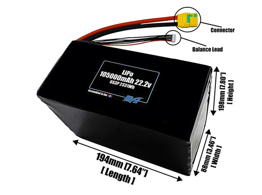 Size reference photo of the 105000mAh 22.2V LiPo pack showing 194 mm by 88 mm by 198 mm dimensions ideal for drones or large robotic systems where space matters.