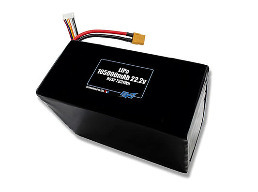 Compact 22.2-volt 105000mAh lithium-polymer battery, built for lightweight drone, UAV, and robotics projects.