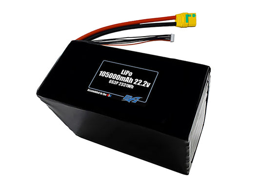 Compact 22.2-volt 105000mAh lithium-polymer battery, built for lightweight drone, UAV, and robotics projects.