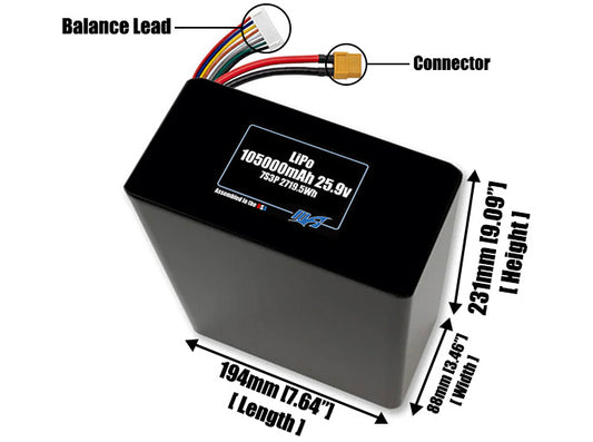 Size reference photo of the 105000mAh 25.9V LiPo pack showing 194 mm by 88 mm by 231 mm dimensions ideal for drones or large robotic systems where space matters.