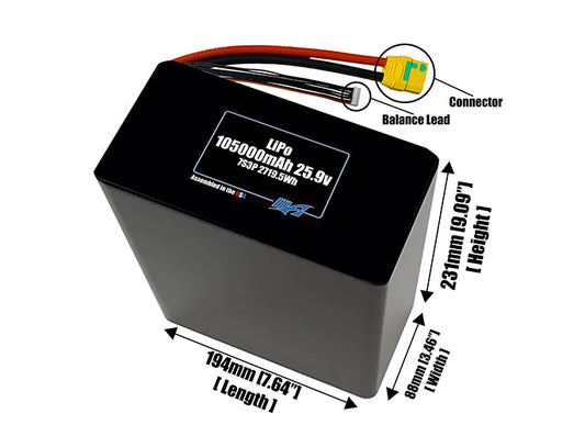Size reference photo of the 105000mAh 25.9V LiPo pack showing 194 mm by 88 mm by 231 mm dimensions ideal for drones or large robotic systems where space matters.