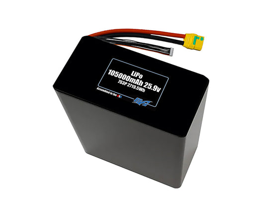 Compact 25.9-volt 105000mAh lithium-polymer battery, built for lightweight drone, UAV, and robotics projects.