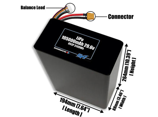 Size reference photo of the 105000mAh 29.6V LiPo pack showing 194 mm by 88 mm by 264 mm dimensions ideal for drones or large robotic systems where space matters.