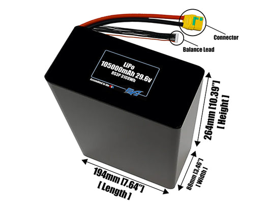 Size reference photo of the 105000mAh 29.6V LiPo pack showing 194 mm by 88 mm by 264 mm dimensions ideal for drones or large robotic systems where space matters.