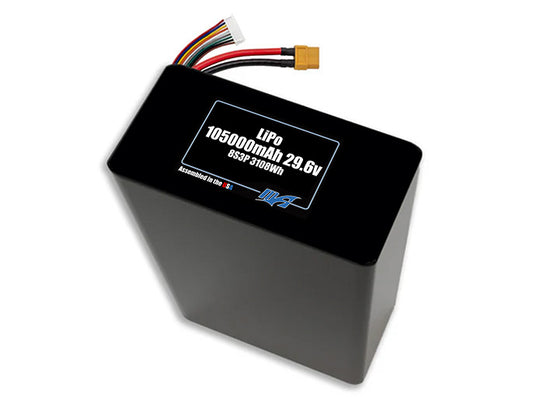 Compact 29.6-volt 105000mAh lithium-polymer battery, built for lightweight drone, UAV, and robotics projects.
