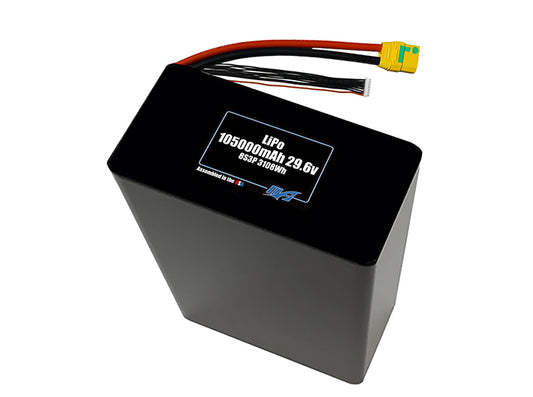 Compact 29.6-volt 105000mAh lithium-polymer battery, built for lightweight drone, UAV, and robotics projects.