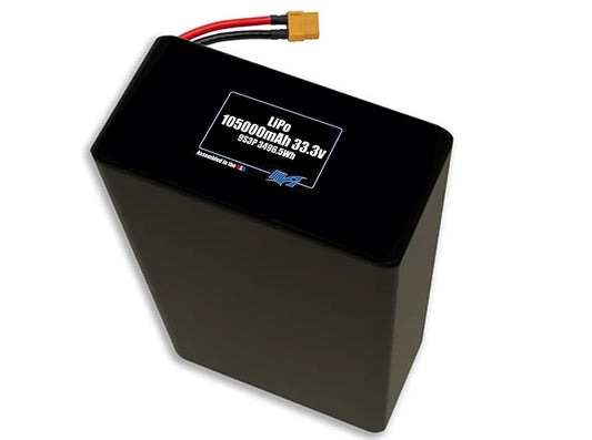 Compact 33.3-volt 105000mAh lithium-polymer battery, built for lightweight drone, UAV, and robotics projects.