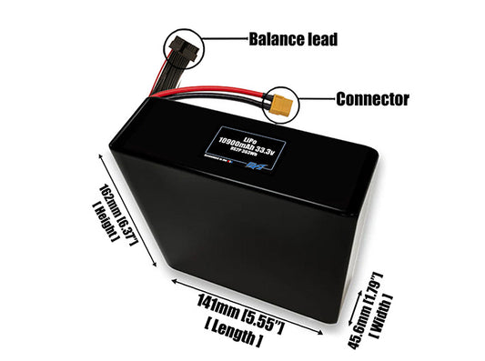 Size reference photo of the 10900mAh 33.3V LiPo pack showing 141 mm by 45.6 mm by 162 mm dimensions ideal for drones or large robotic systems where space matters.