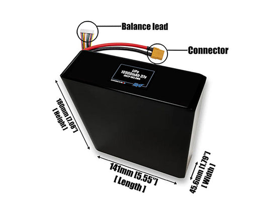 Size reference photo of the 10900mAh 37V LiPo pack showing 141 mm by 45.6 mm by 180 mm dimensions ideal for drones or large robotic systems where space matters.