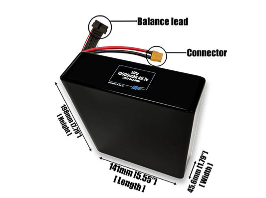 Size reference photo of the 10900mAh 40.7V LiPo pack showing 141 mm by 45.6 mm by 198 mm dimensions ideal for drones or large robotic systems where space matters.
