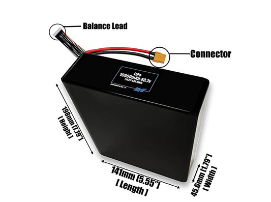 Size reference photo of the 10900mAh 40.7V LiPo pack showing 141 mm by 45.6 mm by 198 mm dimensions ideal for drones or large robotic systems where space matters.
