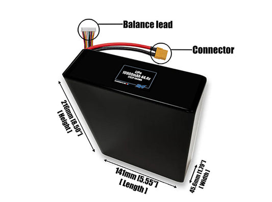 Size reference photo of the 10900mAh 44.4V LiPo pack showing 141 mm by 45.6 mm by 216 mm dimensions ideal for drones or large robotic systems where space matters.