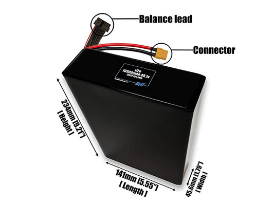 Size reference photo of the 10900mAh 48.1V LiPo pack showing 141 mm by 45.6 mm by 234 mm dimensions ideal for drones or large robotic systems where space matters.