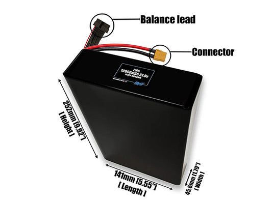 Size reference photo of the 10900mAh 51.8V lithium ion pack showing 141 mm by 45.6 mm by 252 mm dimensions ideal for drones or large robotic systems where space matters.