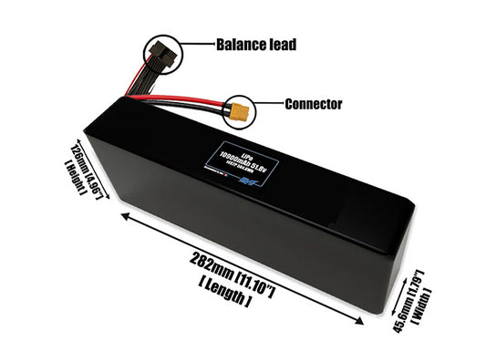 Size reference photo of the 10900mAh 51.8V LiPo end to end pack showing 141 mm by 45.6 mm by 126 mm dimensions ideal for drones or large robotic systems where space matters.