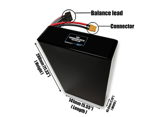 Size reference photo of the 10900mAh 59.2V LiPo pack showing 141 mm by 45.6 mm by 288 mm dimensions ideal for drones or large robotic systems where space matters.