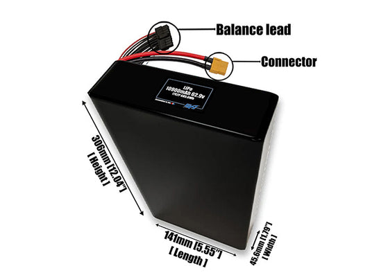Size reference photo of the 10900mAh 62.9V LiPo pack showing 141 mm by 45.6 mm by 306 mm dimensions ideal for drones or large robotic systems where space matters.
