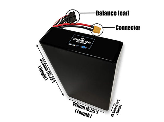 Size reference photo of the 10900mAh 3.7V LiPo pack showing 141 mm by 45.6 mm by 324 mm dimensions ideal for drones or large robotic systems where space matters.