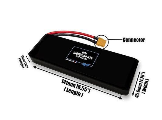 Size reference photo of the 10900mAh 3.7V LiPo pack showing 141 mm by 45.6 mm by 18 mm dimensions ideal for drones or large robotic systems where space matters.