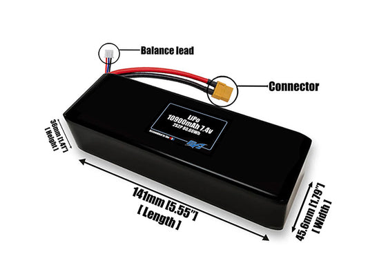 Size reference photo of the 10900mAh 7.4V LiPo pack showing 141 mm by 45.6 mm by 36 mm dimensions ideal for drones or large robotic systems where space matters.
