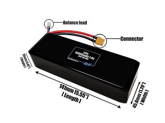 Size reference photo of the 10900mAh 7.4V LiPo pack showing 141 mm by 45.6 mm by 36 mm dimensions ideal for drones or large robotic systems where space matters.