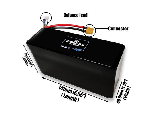 Size reference photo of the 10900mAh 18.5V LiPo pack showing 141 mm by 45.6 mm by 90 mm dimensions ideal for drones or large robotic systems where space matters.