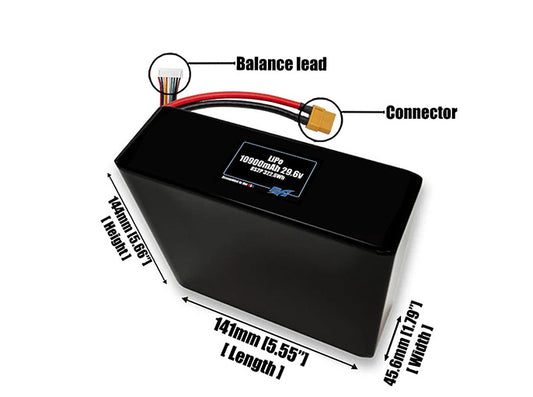 Size reference photo of the 10900mAh 29.6V LiPo pack showing 141 mm by 45.6 mm by 144 mm dimensions ideal for drones or large robotic systems where space matters.