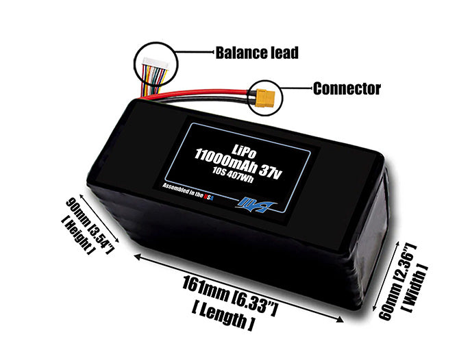 Size reference photo of the 11000mAh 37V LiPo pack showing 161 mm by 60 mm by 90 mm dimensions ideal for drones or large robotic systems where space matters.