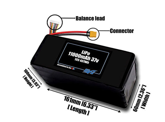 Size reference photo of the 11000mAh 37V LiPo pack showing 161 mm by 60 mm by 100 mm dimensions ideal for drones or large robotic systems where space matters.