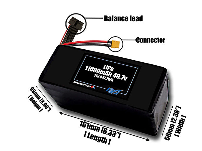 Size reference photo of the 11000mAh 40.7V LiPo pack showing 161 mm by 60 mm by 99 mm dimensions ideal for drones or large robotic systems where space matters.
