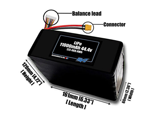 Size reference photo of the 11000mAh 44.4V LiPo pack showing 161 mm by 60 mm by 120 mm dimensions ideal for drones or large robotic systems where space matters.