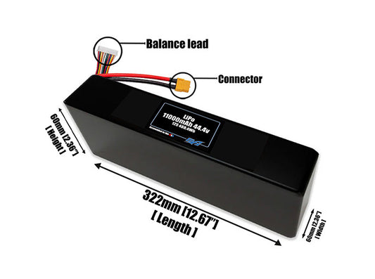 Size reference photo of the 11000mAh 44.4V end to end LiPo pack showing 161 mm by 60 mm by 60 mm dimensions ideal for drones or large robotic systems where space matters.