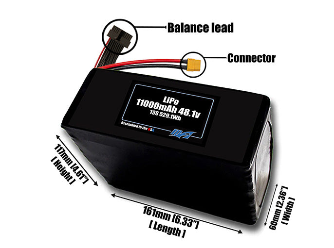 Size reference photo of the 11000mAh 48.1V LiPo pack showing 161 mm by 60 mm by 117 mm dimensions ideal for drones or large robotic systems where space matters.
