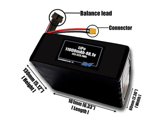 Size reference photo of the 11000mAh 48.1V LiPo pack showing 161 mm by 60 mm by 117 mm dimensions ideal for drones or large robotic systems where space matters.