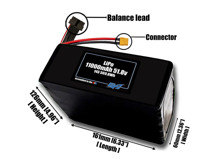 Size reference photo of the 11000mAh 51.8V LiPo pack showing 161 mm by 60 mm by 126 mm dimensions ideal for drones or large robotic systems where space matters.
