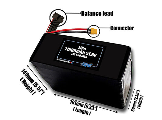 Size reference photo of the 11000mAh 51.8V LiPo pack showing 161 mm by 60 mm by 140 mm dimensions ideal for drones or large robotic systems where space matters.
