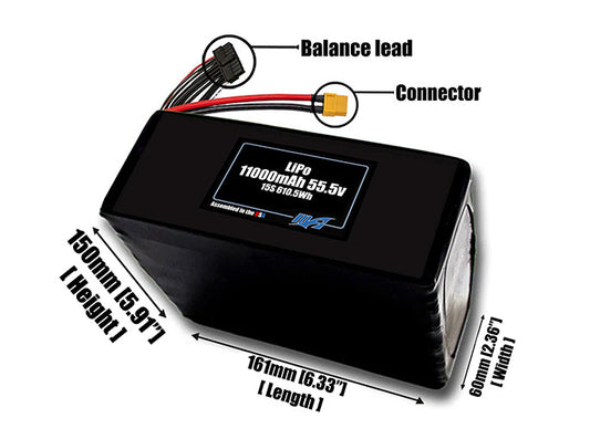 Size reference photo of the 11000mAh 55.5V LiPo pack showing 161 mm by 60 mm by 135 mm dimensions ideal for drones or large robotic systems where space matters.