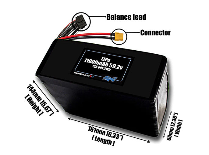 Size reference photo of the 11000mAh 59.2V LiPo pack showing 161 mm by 60 mm by 144 mm dimensions ideal for drones or large robotic systems where space matters.