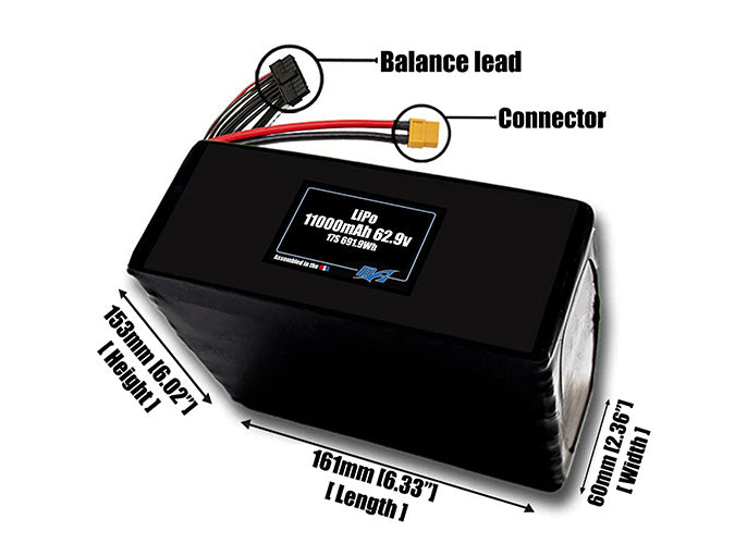Size reference photo of the 11000mAh 62.9V LiPo pack showing 161 mm by 60 mm by 153 mm dimensions ideal for drones or large robotic systems where space matters.