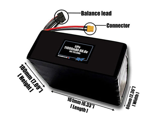 Size reference photo of the 11000mAh 66.6V LiPo pack showing 161 mm by 60 mm by 162 mm dimensions ideal for drones or large robotic systems where space matters.