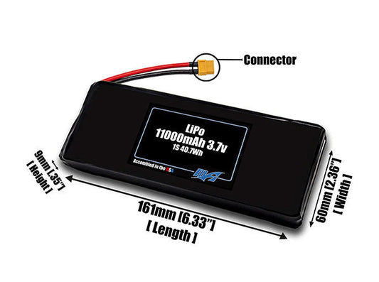 Size reference photo of the 11000mAh 3.7V LiPo pack showing 161 mm by 60 mm by 9 mm dimensions ideal for drones or large robotic systems where space matters.