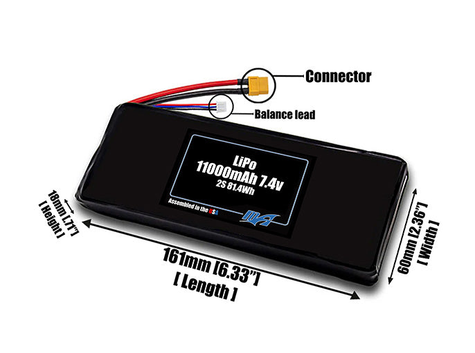 Size reference photo of the 11000mAh 7.4V LiPo pack showing 161 mm by 60 mm by 18 mm dimensions ideal for drones or large robotic systems where space matters.
