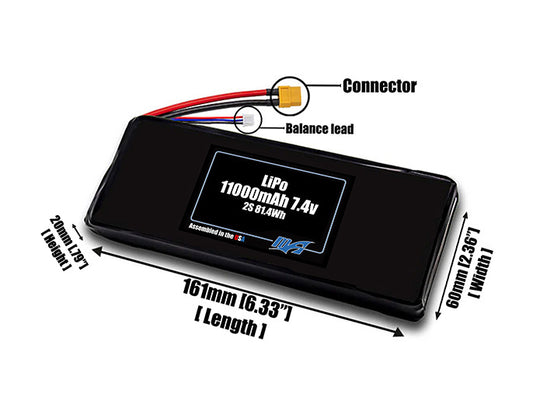 Size reference photo of the 11000mAh 7.4V LiPo pack showing 161 mm by 60 mm by 18 mm dimensions ideal for drones or large robotic systems where space matters.