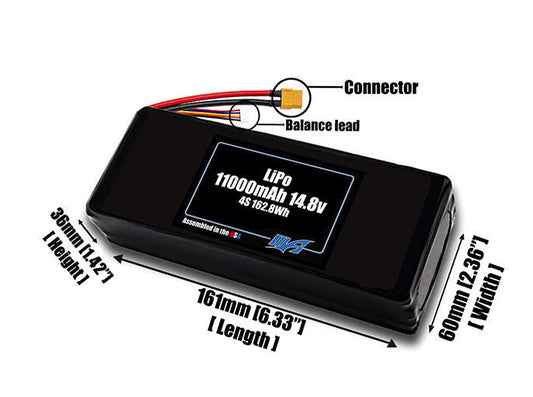Size reference photo of the 11000mAh 14.8V LiPo pack showing 161 mm by 60 mm by 36 mm dimensions ideal for drones or large robotic systems where space matters.